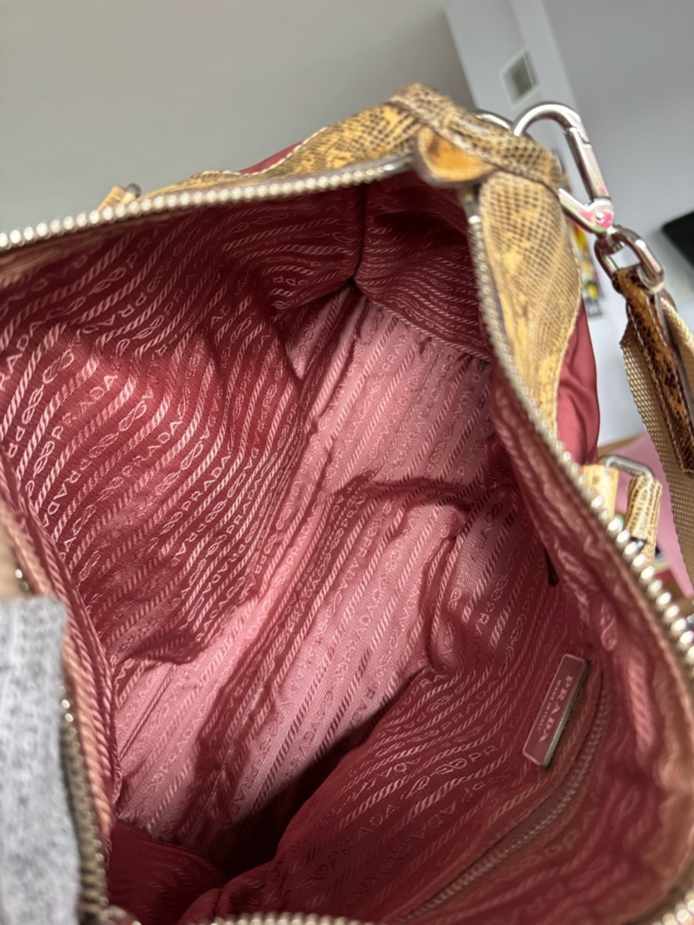 Prada Tessuto Ouverture Burgundy Nylon Lizard Leather Satchel/Shoulder Bag w/COA - Picture 9 of 12